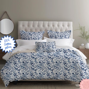 Duvet Cover Set Blue Toile Bedding, Cotton Sateen Elegant Floral Comforter, Luxurious Chic Decor for Cozy Bedrooms and Guest Rooms