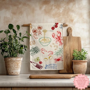 Theedoek Italiaanse markt, katoenen handdoeken voor keuken, decor Amalfikust, perfect cadeau voor fijnproevers, sardines en kreeftontwerpen