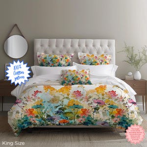 Cotton Sateen Watercolor Wildflowers Duvet Cover, Cotton Floral Bedspread, King Queen Twin Sizes, Vibrant Aesthetic for Elegant Home Decor