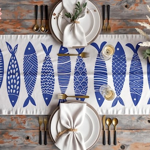 Sardine Table Runner, Indigo Blue Fish Print, Coastal Table Decor, Nautical Linen Runner, Unique Gift for Her