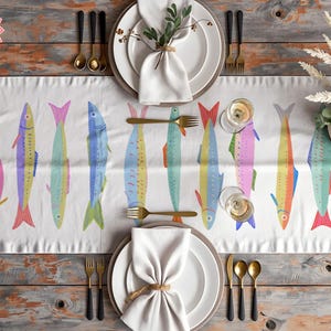 Sardine Table Runner, Quirky Fish Table Decor, Coastal Linen Tablecloth, Nautical Dining, Colorful Decor, Perfect Gift Idea