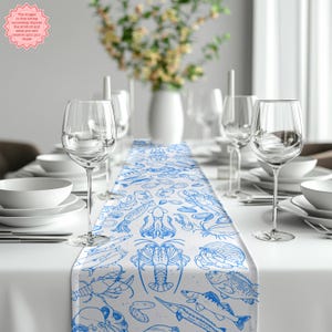 Seafood Table Runner, Beach House Decor for Summer Parties, Nautical Dining Table Cover, Coastal Party Decor for Dining and Events