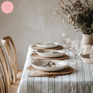 French Stripe Tablecloth, Vintage Chateaucore Cotton Table Cover, Custom Size Rustic Decor, Elegant Dining Green Table Cloth