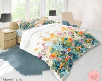 Watercolor Wildflower Duvet cover | Boho Wildflower | Hand painted Colorful Floral Bohemian bedroom Décor Set | Wildflower pillow set