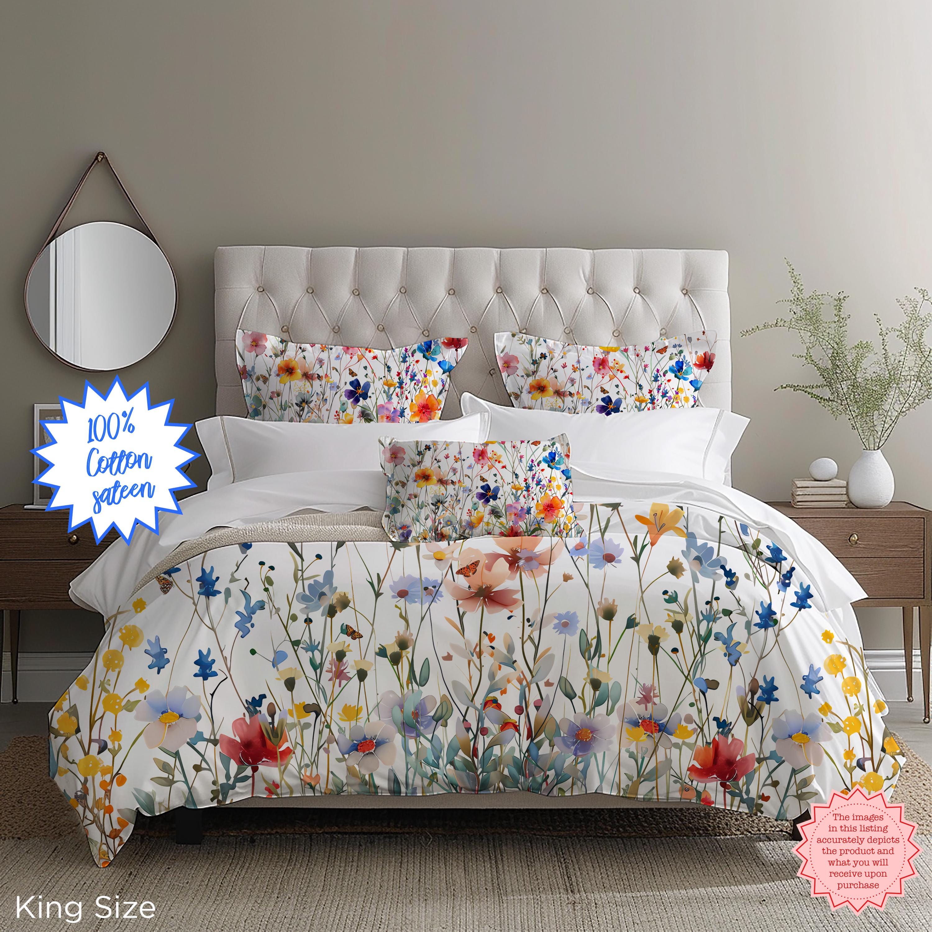 Watercolor Spring Wildflowers 100% Cotton Sateen Duvet Cover, Floral Bedding for King Queen Twin, Home Decor