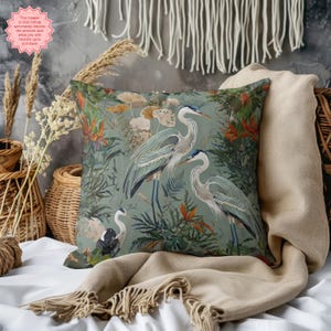 Blue Heron Pillow Case, Vintage Coastal Bird Throw Pillow, Sage Green Nature-Inspired Accent Cushion for Home Decor