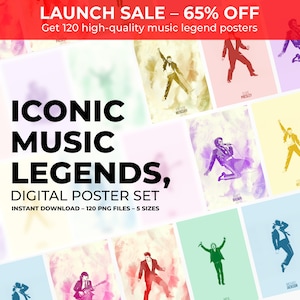 65% OFF - Iconic Music Legends Wall Art Set – 6 Artists × 4 Styles × 5 Sizes – Minimalist Music Posters – Digital Download PNG Art Prints