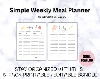 Weekly Meal Planner, Printable Planner, Digital Meal Planner, Grocery List, Menu Planner, Meal Planner Template, Shopping List, Editable