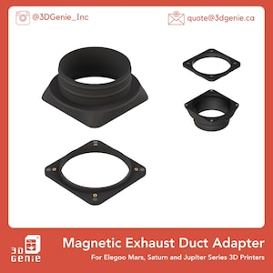 May include: Black magnetic exhaust duct adapter set for 3D printers. The set includes a large adapter with a circular opening and three smaller square adapters. The text on the image reads "Magnetic Exhaust Duct Adapter" and "For Elegoo Mars, Saturn and Jupiter Series 3D Printers."