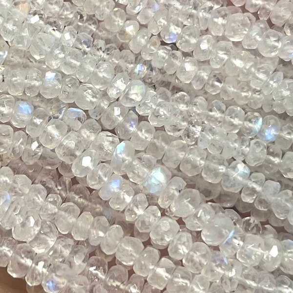 7" Strand RAINBOW MOONSTONE Faceted Rondelles Gemstone Beads 3-4.5mm w/ Blue Flash, Genuine Natural White Raw Gemstones, Moon Stone