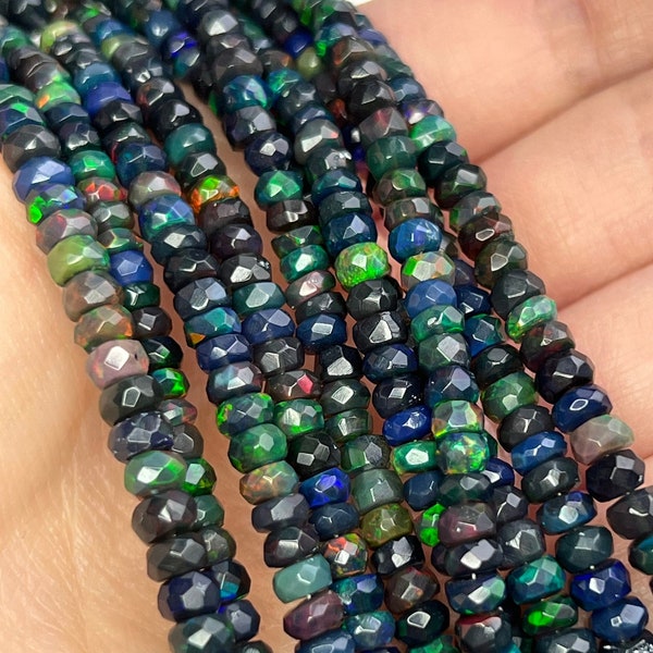 4 inch Strand Black ETHIOPIAN WELO OPAL Faceted Rondelles Gemstone Beads 3.5-5.5mm, Natural Opals Blue Red Multicolor Rainbow Flash Quality