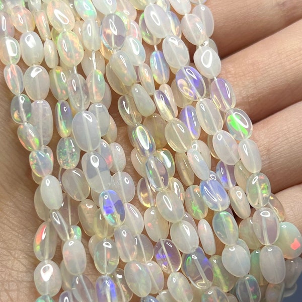 7 inch Strand ETHIOPIAN WELO OPAL Smooth Oval Nuggets Gemstone Beads 4.5-9.5mm, White & Off-White, Opals Blue Red Green Multicolor Flash