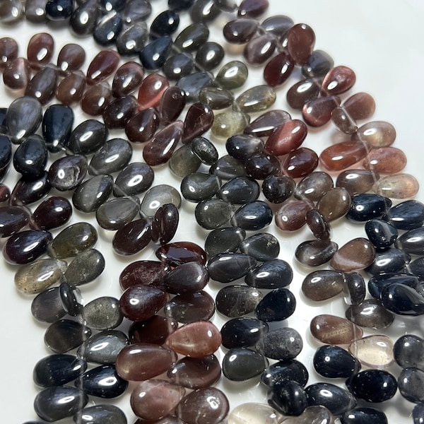 4" Strand Black Copper Sillimanite Smooth Pear Briolettes Gemstone Beads 8-12mm, Fibrolite, Cat's eye, Genuine Natural Large Raw Teardrop