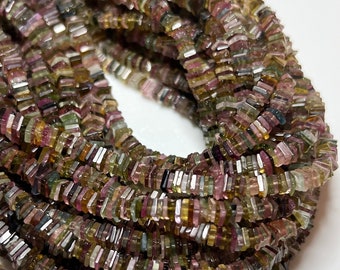 4-8 inch Strand Watermelon TOURMALINE Heishi Cubes Gemstone Beads 2.5-5mm, graduate Square Multicolor pink green blue Natural Gemstones