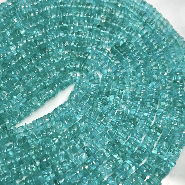 15" Strand Neon Teal Blue APATITE Smooth Wheel Gemstone Beads 3-6mm, Genuine Natural Raw Aqua Neon Blue Teal Gemstones Heishi Tyre Wheels