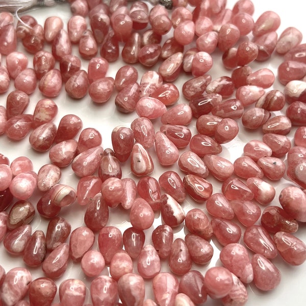 3.75" Strand RHODOCHROSITE Smooth Teardrop Briolettes Gemstone Beads 7-10.5mm, Genuine Natural Gemstones, Pink Marble White Peach Pear