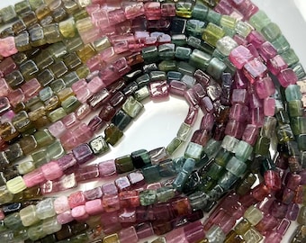 12.5" Strand TOURMALINE Smooth Flat Squares Gemstone Beads 3-5mm, Natural Gemstones, Watermelon Multicolor Pink Green Blue Black teal square