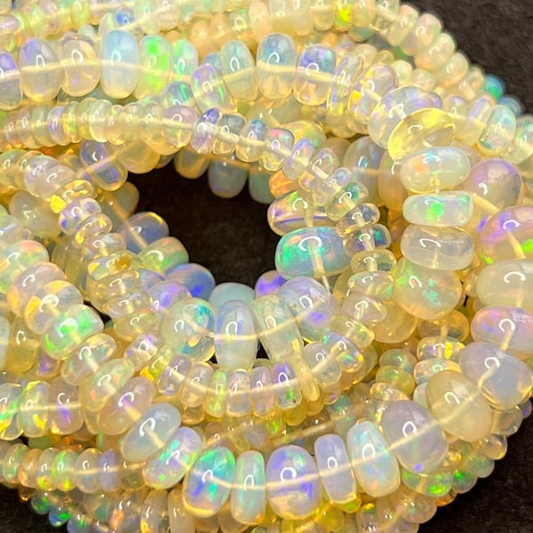 7" Strand Gold ETHIOPIAN WELO OPAL Smooth Rondelles Gemstone Beads 3-6mm, Genuine Opals, Light Golden Blue Green Multicolor Rainbow Flash