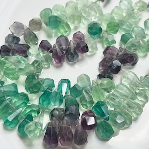 3.25&quot; Strand FLUORITE Teardrop Briolettes Gemstone Beads 9-12.5mm, Genuine Natural Raw Statement Faceted Large, Green Purple Teal Blue Pear