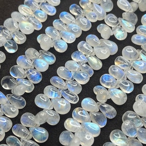 3.5" Strand RAINBOW MOONSTONE Smooth Pear Gemstone Briolettes Beads 9-11mm w/ Blue Flash, Genuine Natural White Clear Gemstones Teardrops