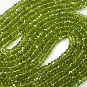 6&quot; Strand PERIDOT Faceted Rondelles Gemstone Beads 4mm-4.5mm, Genuine Natural Raw Gemstones Round Light Green, High Quality
