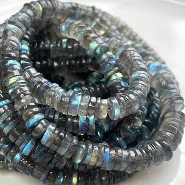 7.5" Strand LABRADORITE Smooth Heishi Wheels Gemstone Beads 3-6mm, Grey Gray Blue Flash Iridescent Natural Gem Stone Tyre Circle Round Thick