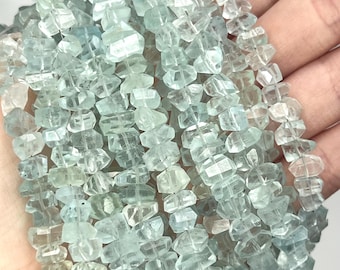 4" Strand Natural Light Blue AQUAMARINE Irregular Faceted Gemstone Beads 4mm - 7mm, Blue Teal Raw Gemstones Green Nuggets Cut Transparent