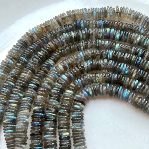 7.5&quot; Strand LABRADORITE Smooth Heishi Rondelle Gemstone Beads 5-6mm, Grey Gray Blue Iridescent, Natural Gem Stone Materials Supplies