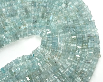 AQUAMARINE Heishi Cube Beads 15.5" Strand, 3mm-4.5mm, Natural Raw Gemstone Squares, Light Blue Teal Cube Beads Jewelry Making