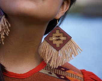 Textile earrings art jewelry handwoven on pedal loom with walnut dyed wool and genuine leather trim.