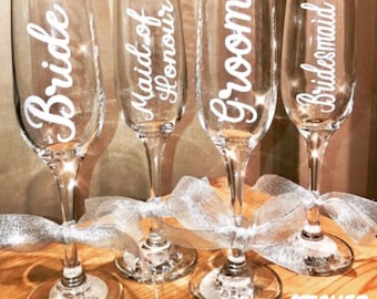 Personalised Vinyl Permanent DIY Decals for Champagne Flutes Bridal Party Wedding Favours Hen Stag