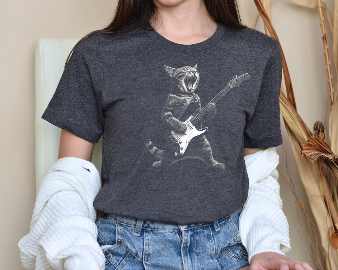 Rock Cat Playing Guitar Shirt, A Funny Guitar Cat T-shirt and Shirt ...