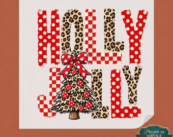Holly Jolly Christmas DTF Transfer Ready To Press Leopard Christmas Tree Polka Dot Heat Vinyl Iron On DIY Shirt Decal Craft Supply