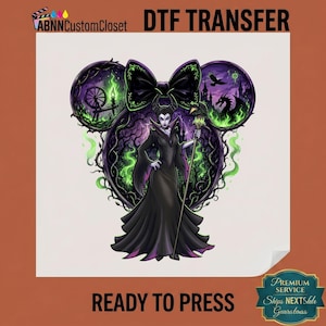 Evil Queen Witch Mouse Ears DTF Transfer, Maleficent Villains Halloween Bow Ready Press, October Heat Design DIY