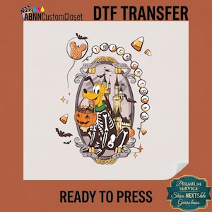Pluto Dog Halloween DTF Transfer, Trick Or Treat Skeleton Heat Press Design, Disney Pumpkin Ready To Iron On, Spooky Castle Sublimation