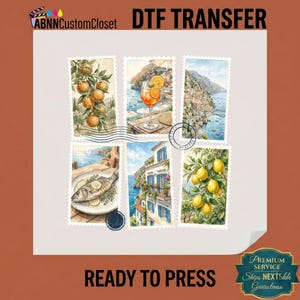 May include: A DTF transfer sheet featuring six rectangular stamp-style illustrations with Italian coastal themes, including oranges, an Aperol spritz, a seaside town, a fish dish, a Mediterranean building, and lemons, with the text ABNNCustomCloset.