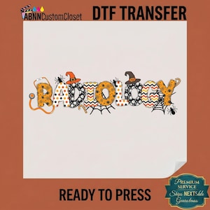 May include: A DTF transfer design featuring the word RADIOLOGY in orange, black, and white patterns. The letters are decorated with Halloween motifs including witch hats, spiders, spider webs, and a stethoscope integrated into the letter R.