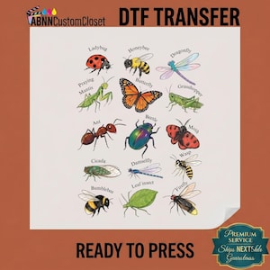 May include: A DTF transfer sheet featuring a collection of colorful insect illustrations including a ladybug, honeybee, dragonfly, praying mantis, butterfly, grasshopper, ant, beetle, moth, cicada, damselfly, wasp, bumblebee, leaf insect, and firefly.
