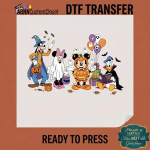 May include: A DTF transfer sheet featuring a Halloween-themed illustration of Goofy as a wizard, Minnie Mouse as a ghost, Mickey Mouse in a pumpkin costume, and Donald Duck as a vampire. The characters are surrounded by balloons, gifts, and candy.