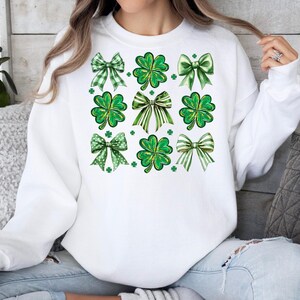 Coquette St. Patrick&#39;s Day Bow Sweatshirt, Shamrock Bow Tee, Lucky Clover Sweater, St. Patty&#39;s Day Apparel, Festive Irish Clothing For Women