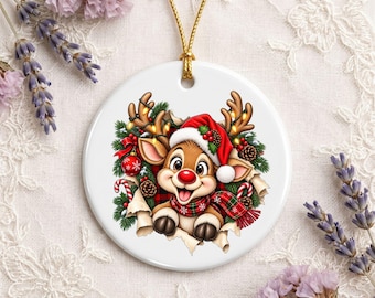 Cute Reindeer Christmas Ceramic Ornament Rudolph Tree Hanging Decor Xmas Holiday Gift Idea Cute Animal Festive Winter Home Keepsake