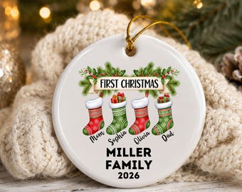 Personalized First Christmas Family Ornament 2026 Custom Stockings Ceramic Tree Decor Mom Dad Name Keepsake Holiday Hanging Gift Idea
