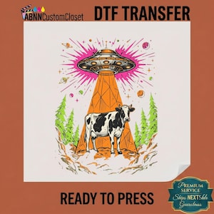 UFO Cow Abduction DTF Transfer, Retro Alien Shirt Design, Vintage Sci Fi Graphic, Cute Animal Space Print, Whimsical Extraterrestrial Art