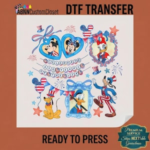 May include: DTF transfer featuring Mickey Mouse, Minnie Mouse, Donald Duck, Pluto, and Goofy in patriotic attire. The design includes the text "Celebrate 250 Years of the USA" and is ready to press.