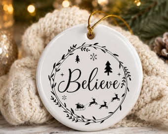 Believe Ceramic Ornament, Christmas Tree Decor, Santa Sleigh Reindeer Wreath Holiday Keepsake Gift, Minimalist Winter Pine Craft