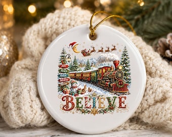 Vintage Christmas Express Train Ceramic Ornament 2026, Personalized Believe Christmas Train Ornament, Magical Winter Wonderland Holiday Tree