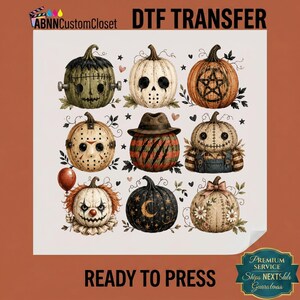 May include: A DTF transfer sheet featuring nine stylized pumpkins with horror-themed designs, including a Frankenstein pumpkin, a hockey mask pumpkin, a pentagram pumpkin, a clown pumpkin, and a celestial pumpkin with a crescent moon and stars.