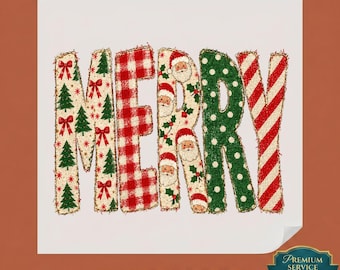 Merry Christmas DTF Transfer, Plaid Santa Claus Heat Press Design, Patchwork Tree Stripe Ready Iron On, Holiday Sublimation Letter Art