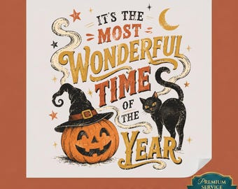 Most Wonderful Time Of The Year DTF Transfer, Black Cat Halloween Sublimation Design, Retro Pumpkin Witch Ready to Press, Spooky Iron On