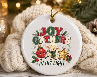 Joy Gathers In His Light Christmas Ornament, Cute Lamb Star Bauble Ceramic Xmas Hanging Decor, Religious Christian Holiday Tree Gift
